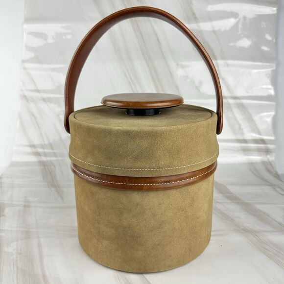 Vintage MCM Elmar Mfg Ice Bucket Brown Faux Suede & Vinyl - Picture 1 of 13